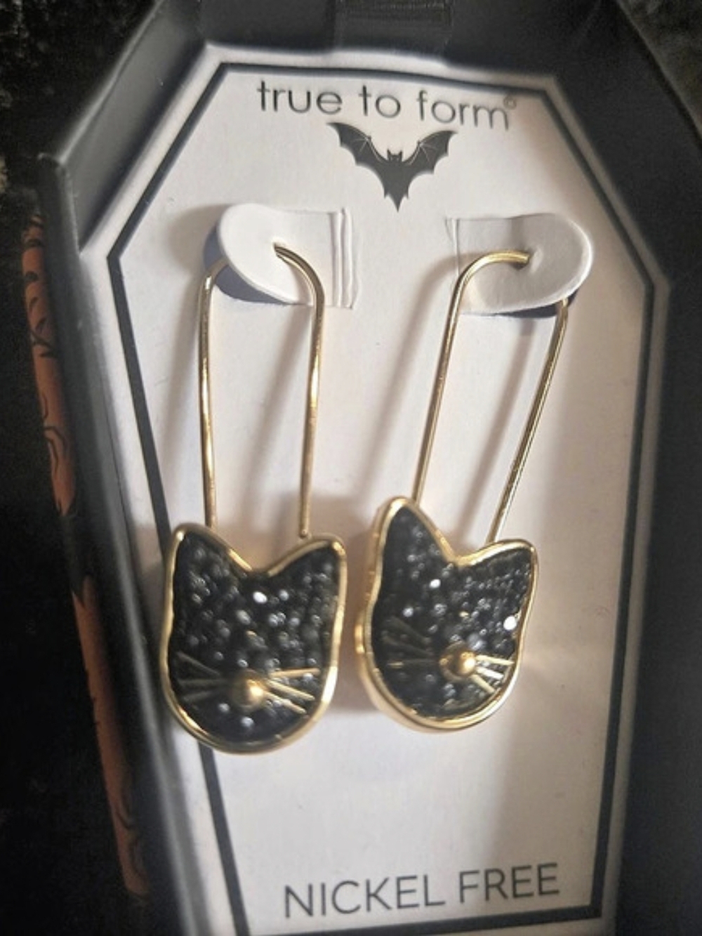 true to form Black Cat Safety Pin Dangle Earrings Black & Gold